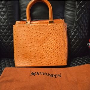 Orange Ostrich-Texture Leather Top-Handle Bag